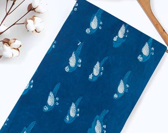 Indigo Parrot Print Cotton Fabric: Hand Block Printed Dabu, 1 Yard