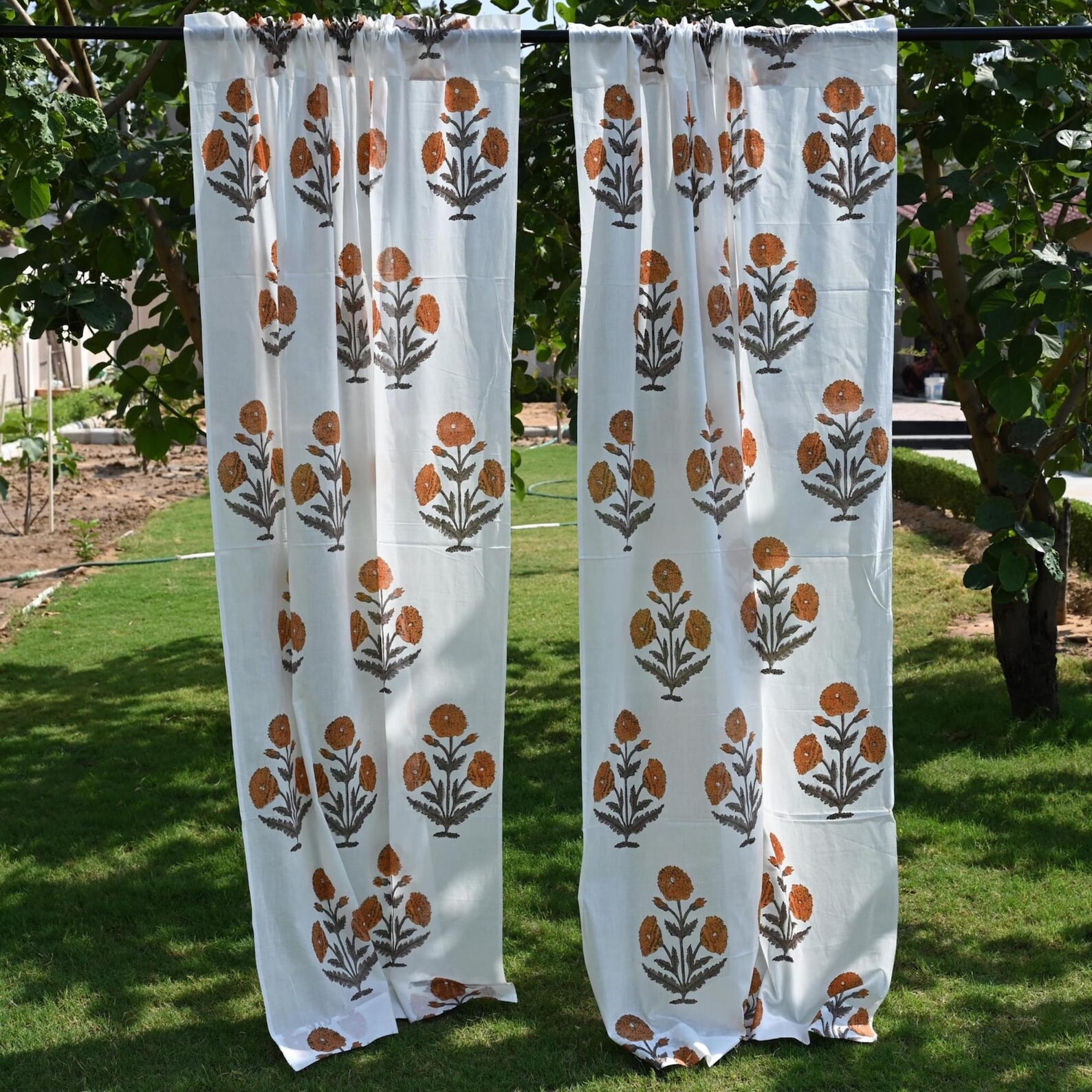Natural Block Print Curtain Drapes, Botanical Cotton Curtains