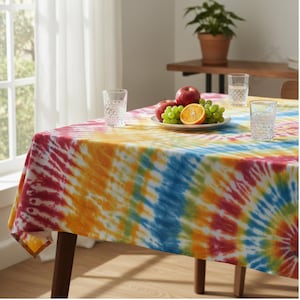 Puede incluir: Un mantel tie-dye en colores vibrantes de rojo, amarillo, naranja y azul. El mantel est&aacute; sobre una mesa de madera con fruta y vasos de agua. Una planta de interior en una maceta de terracota est&aacute; en una mesa cercana.
