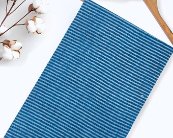 Indigo Blue Striped Cotton Fabric: Hand Block Print, Natural Dye - By The Yard