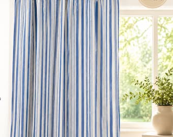Hand Block Printed Blue Stripe Cotton Curtains, Boho Farmhouse Window Drapes
