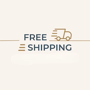 May include: A graphic design featuring the dark blue text FREE SHIPPING centered on a light beige background. To the right of the word FREE is a gold-colored line-art icon of a delivery truck with motion lines indicating speed and movement.