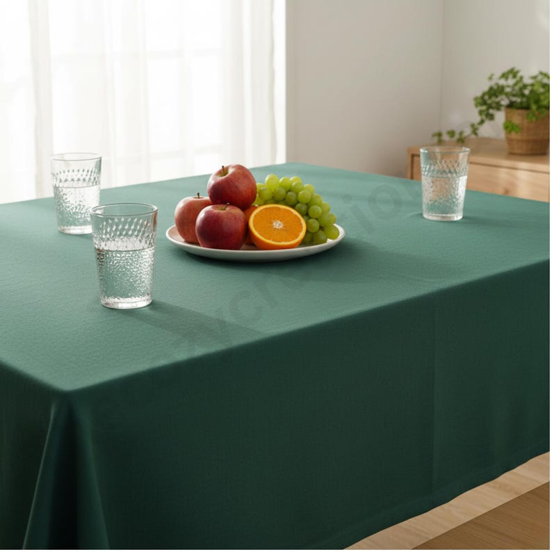 Puede incluir: Un mantel verde oscuro cubre una mesa, con tres vasos de agua transparentes y un plato de fruta. La fruta incluye manzanas rojas, uvas verdes y media naranja. Una planta de interior es visible en el fondo.
