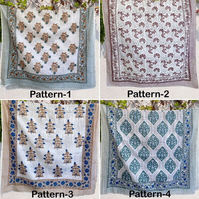 K&ouml;nnte beinhalten: Vier verschiedene Stoffmuster mit wei&szlig;em Hintergrund und bunten Designs. Die Muster sind mit "Muster-1", "Muster-2", "Muster-3" und "Muster-4" beschriftet.