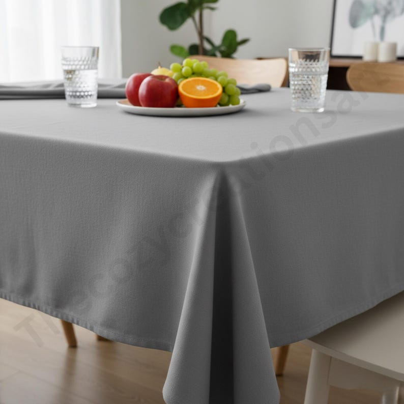 Puede incluir: Un mantel rectangular gris cubre una mesa de madera. Un plato de fruta, que incluye manzanas rojas, una naranja y uvas verdes, est&aacute; sobre la mesa. Tambi&eacute;n hay dos vasos de agua sobre la mesa.