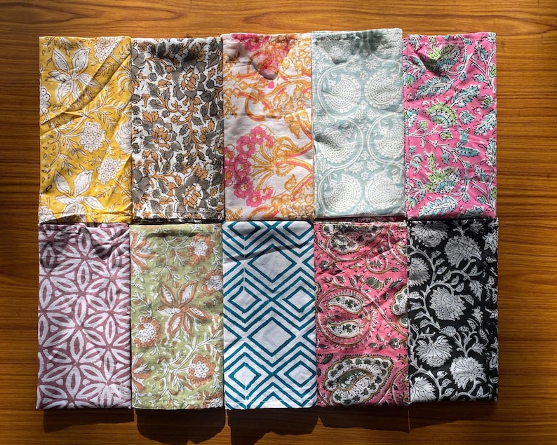 Handmade cotton cloth napkins set of 100 made from eco friendly 100 percent cotton with traditional hand block print designs for reusable dining table use weddings events restaurants and home decor, boho cotton dinner napkins wholesale mix set with unique patterns for sustainable lifestyle zero waste kitchen and table styling, soft washable cloth napkins for everyday dining use restaurant supply catering events and party table decoration, Indian handmade cotton napkins with natural block prints