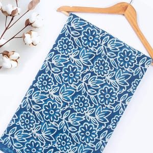 Indigo Blue Cotton Fabric by Yard | Floral Block Printed Hand Dyed Fabric for Curtains, Tablecloths, Sewing Projects, Quilting, Upholstery