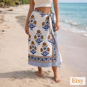 Boho Floral Block Print Baumwolle Sarong, Artisan Beach Cover Up, handgefertigter Pareo Bild 1