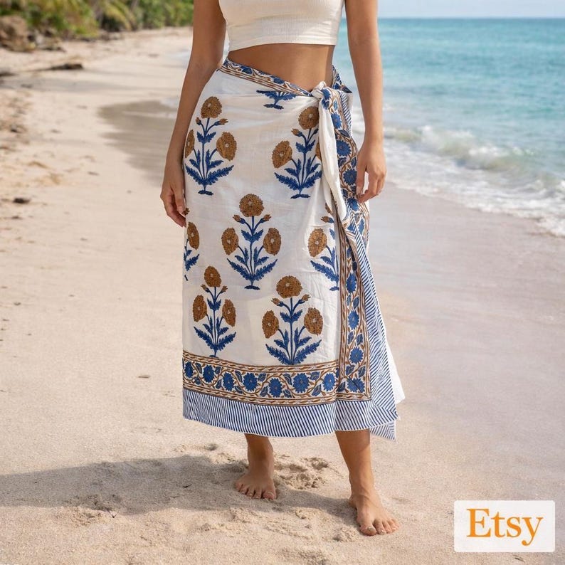 Boho Floral Block Print Baumwolle Sarong, Artisan Beach Cover Up, handgefertigter Pareo Bild 1