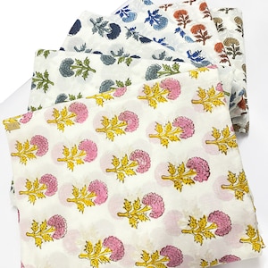 Boho Hand Block Print Cotton Fabric, Multicolor Floral Dressmaking Material, By The Yard