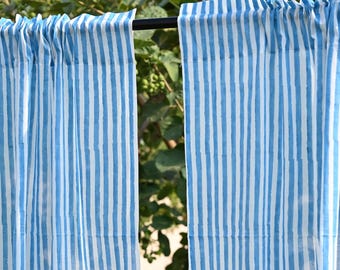 Hand Block Printed Cotton Curtains | Boho Stripe Farmhouse Window Drapes