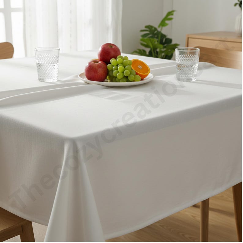 Puede incluir: Un mantel blanco cubre una mesa de madera, con un plato de manzanas rojas, uvas verdes y una rodaja de naranja. Dos vasos transparentes con dise&ntilde;os texturizados est&aacute;n colocados sobre la mesa. La escena sugiere un comedor o una cocina.