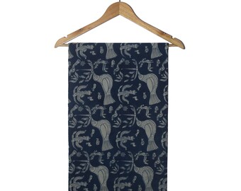 Indigo Dabu Birds Hand Block Print Cotton Fabric, Natural Dye Textile By Yard