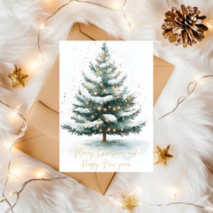 Albero di Natale innevato con luci, biglietto di Natale stampabile - Bellissimo albero di Natale innevato con luci, biglietto di auguri digitale da scaricare