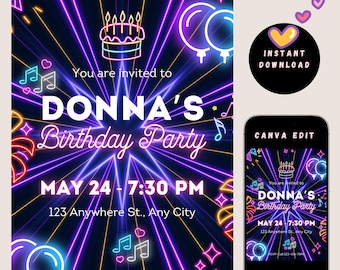 Neon Birthday Party Invitation | Editable Canva Template | Glow Theme Celebration Invite | 5"x7" Printable Digital Download