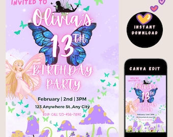 Fairy Birthday Invitation for Teens | Editable Canva Template | Butterfly and Magic Party Invite | 5"x7" Printable Instant Download