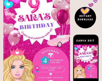 Pink Glam Birthday Invitation for Girls | Editable Canva Pro Template | Glitter Party Invite | 5"x7" Printable Digital Download