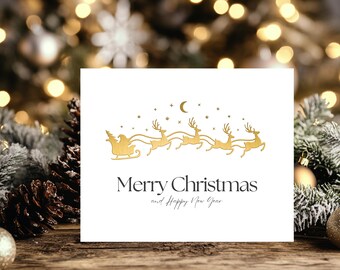 Luxurious Gold Merry Christmas and Happy New Year Card, Santa sleigh, Reindeer design, Modern design, Business greeting card, Elegant card