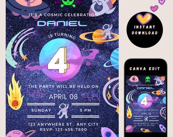 Space Birthday Invitation for Kids | Editable Canva Pro Template | Cosmic Galaxy Party Invite | 5"x7" Printable Instant Download
