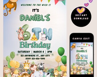 Jungle Safari Birthday Invitation for Kids | Editable Canva Pro Template | Wild Animal Party Invite | 5"x7" Printable Digital Download