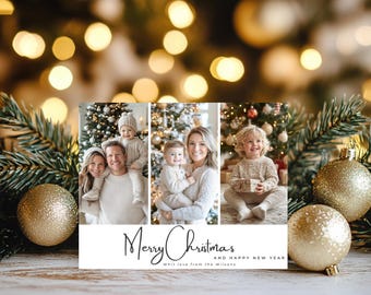 Plantilla moderna de tarjeta navideña con foto personalizada, diseño minimalista imprimible, collage de 3 fotos para felicitaciones familiares.