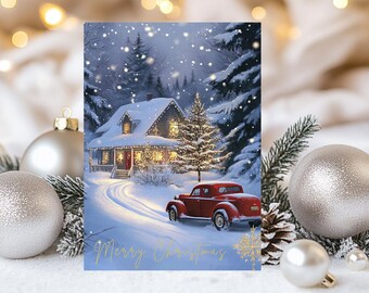 Vintage Christmas Card with Snowy Cottage and Red Truck,  Merry Christmas, Snowy Village, Nostalgic Card, Gift Sleigh, Seasonal Card