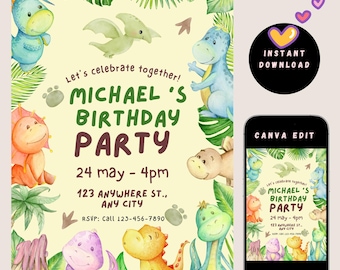 Dinosaur Birthday Invitation for Kids | Editable Canva Pro Template | Dino Party Invite | 5"x7" Printable Instant Download