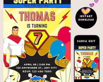 Superhero Birthday Invitation for Kids | Editable Canva Template | Comic Style Party Invite | 5"x7" Printable Digital Download