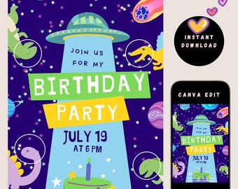 Dinosaur and Space Birthday Invitation | Editable Canva Pro Template | Kids Party Invite | 5"x7" Printable Instant Download