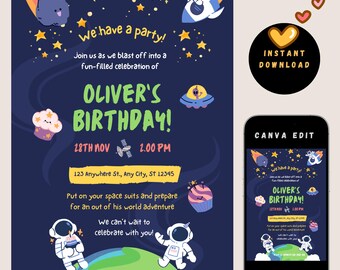 Space Birthday Invitation for boy | Editable Canva Pro Template | Outer Space Party Invite | 5"x7" Digital Printable | Instant Download