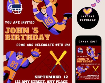 Football Birthday Invitation for Kids | Editable Canva Pro Template | Sports Party Invite | 5"x7" Printable Digital Download