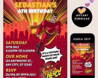 Superhero Birthday Invitation for Kids | Editable Canva Pro Template | Costume Party Invite | 5"x7" Printable Digital Download