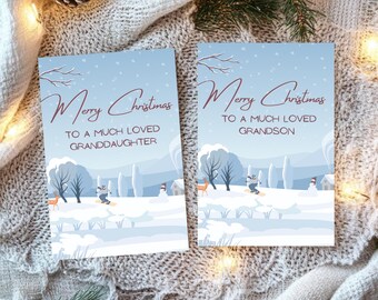 Merry Christmas Cards for Grandson & Granddaughter - Winter Wonderland Printable PDF + Digital PNG for Instant Sharing