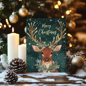 Printable Christmas card featuring a beautiful deer with golden antlers on a rich green background. Perfect for an instant download