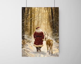 Santa and Reindeer Christmas Art, Digital Print, Reflective Holiday Scene of Santa Walking in Snowy Forest After Gift Delivery, Set of 5