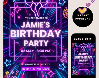 Neon Glow Birthday Party Invitation | Editable Canva Template | Vibrant Celebration Invite | 5"x7" Printable Digital Download