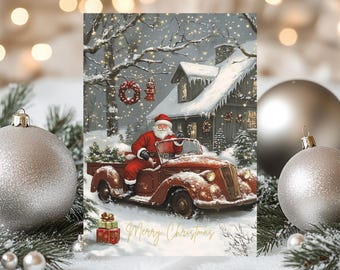 Vintage Santa Driving Red Truck Christmas Card,  Merry Christmas, Snowy Village, Nostalgic Card, Gift Sleigh, Seasonal Card, Holiday Magic