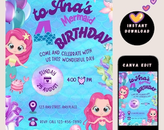 Mermaid Birthday Invitation for Girls | Editable Canva Pro Template | Under the Sea Party Invite | 5"x7" Printable Instant Download