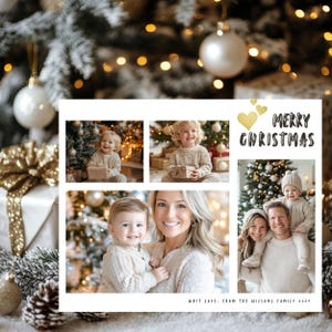 Moderne benutzerdefinierte Foto Weihnachtskarte Vorlage, minimalistisches druckbares Design, personalisierte Urlaubskarte Collage aus 4 Fotos für Familiengrüße