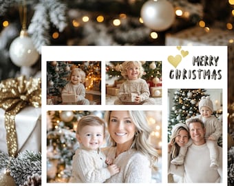 Modern Custom Photo Christmas Card Template, Minimalist Printable Design, Personalized Holiday Card Collage of 4 photos for Family Greetings