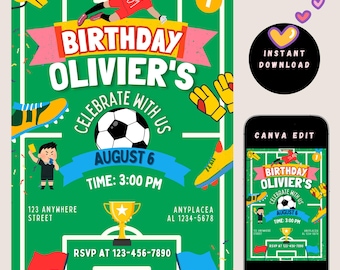 Soccer Birthday Invitation for Kids | Editable Canva Template | Football Party Invite | 5"x7" Digital Download Printable