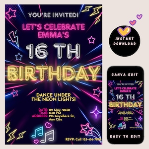 Convite de aniversário de 16 anos Neon Sweet | Modelo Canva editável | Convite para festa Glow | Download digital para impressão de 5"x7"