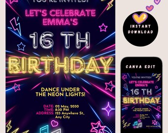 Neon Sweet 16 Birthday Invitation | Editable Canva Template | Glow Party Invite | 5"x7" Printable Digital Download
