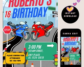Motorcycle Birthday Invitation for Teens | Editable Canva Pro Template | Racing Theme Party Invite | 5"x7" Printable Instant Download