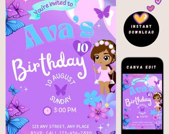 Butterfly Birthday Invitation for Girls | Editable Canva Pro Template | Purple Floral Party Invite | 5"x7" Printable Digital Download