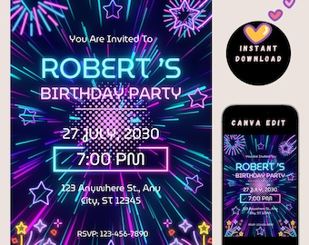 Neon Glow Birthday Invitation for Kids | Editable Canva Template | Party Lights Theme Invite | 5"x7" Printable Digital Download