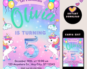 Unicorn Birthday Invitation for Kids | Editable Canva Pro Template | Magical Party Invite | 5"x7" Printable Digital Download