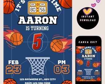 Verjaardagsuitnodiging basketbal voor kinderen | Bewerkbare Canva Pro-sjabloon | Uitnodiging voor sportfeest | Afdrukbare digitale download van 5 x 7 inch