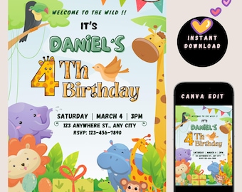 Jungle Safari Birthday Invitation for Kids | Editable Canva Template | Wild Animal Party Invite | 5"x7" Printable Digital Download