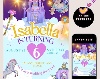 Princess Fairy Birthday Invitation for Girls | Editable Canva Pro Template | Magical Castle Party Invite | 5"x7" Printable Digital Download